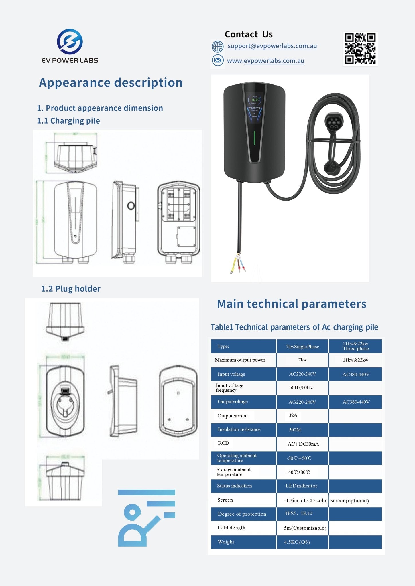 Type 2 Smart Wall Mount EV Charger W/ 4.3 - Inch LED Screen | 7/11/22KW - Ev Power Labs